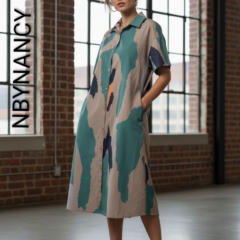 Women's NBYNANCY Midi Dress L Beige Green Abstract Shirt button down Lagenlook